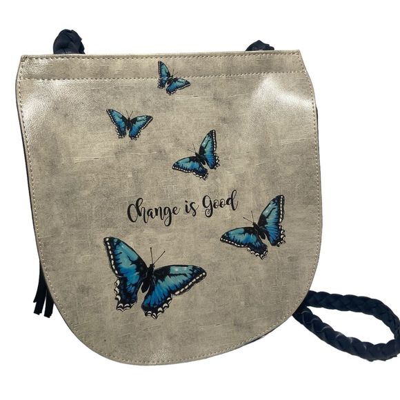 Dogo Women Shoulder Bag Crossbody Change Is Good Grey Blue Butterfly Vegan - Picture 3 of 10